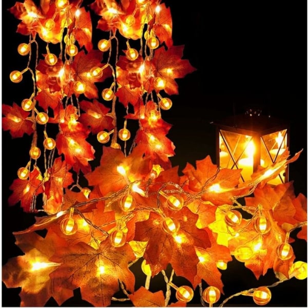 LED ahornblade græskarsnor med lys Thanksgiving dekorationer, vandtæt efterårsguirlande med lys indendørs udendørs dekoration (6 meter 40