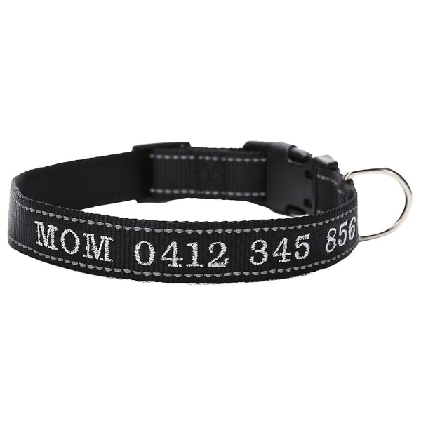 Personlig hundehalsbånd, tilpasset brodert kjæledyrnavn og telefonnummer, hurtigutløser D-ring Black-m