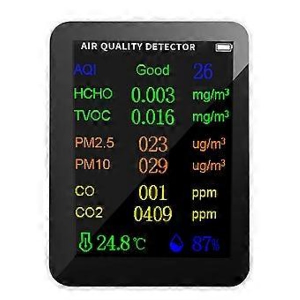 9 i 1 Bærbar Luftkvalitetsmåler PM2.5 PM10 CO CO2 TVOC HCHO Temperatur Fugtighedstester Farveskærm, Hvid
