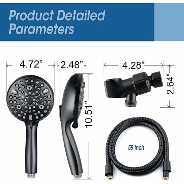Høytrykks håndholdt dusjhode, 10 innstillings dusjhode, 4,7\" avtakbart dusjhodesett med 5 fot slange, justerbar brakett og innebygd kraft