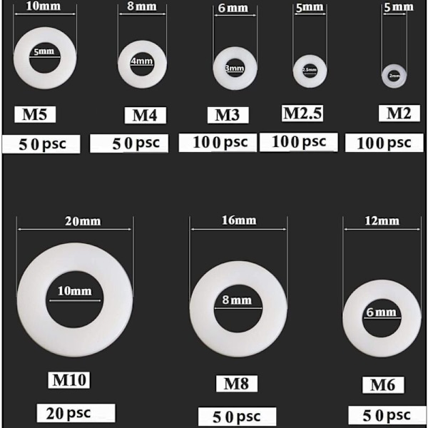 Nylonbricka Plastdistans M2 M2.5 M3 M4 M5 M6 M8 M10 Platt Bricka Rund 520 st