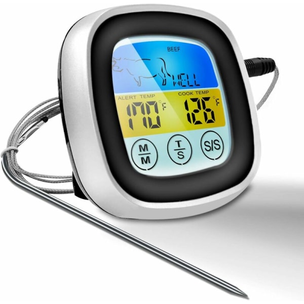 2020 Instant Read Kött Termometer 40 Tum Probe Kabel Digital Säker Mat Termometer med BBQ Färg Pekskärm LED Display （Svart med Silv