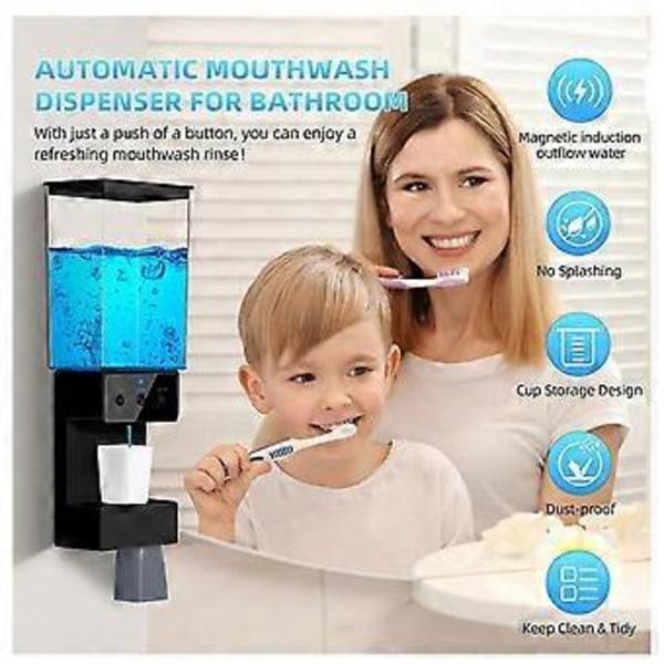 Muntvattendispenser för Badrum Beröringsfri 650ML, Väggmonterad Automatisk Muntvattendispenser med 2st Magnetiska Muggar
