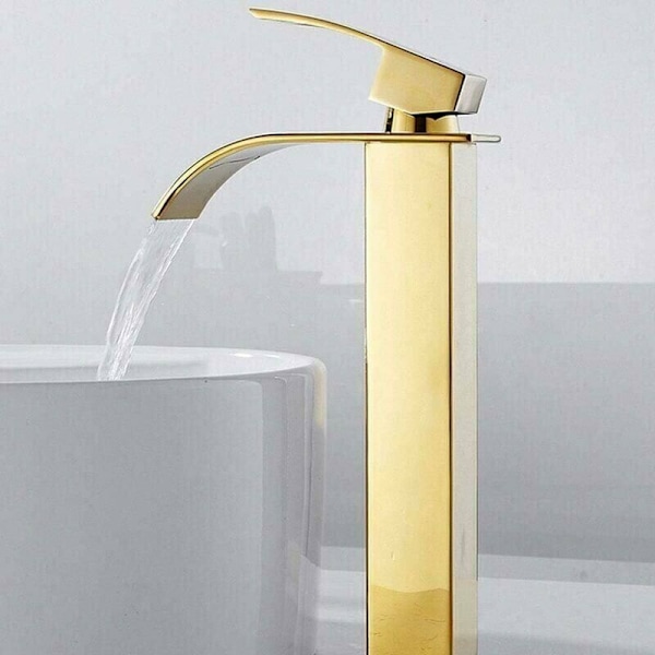 Tall Waterfall Spout Bathroom Sink Faucet for Basin, Modern Square Chrome Single Hole Hot and Cold Water Mixer Tap (Gold)