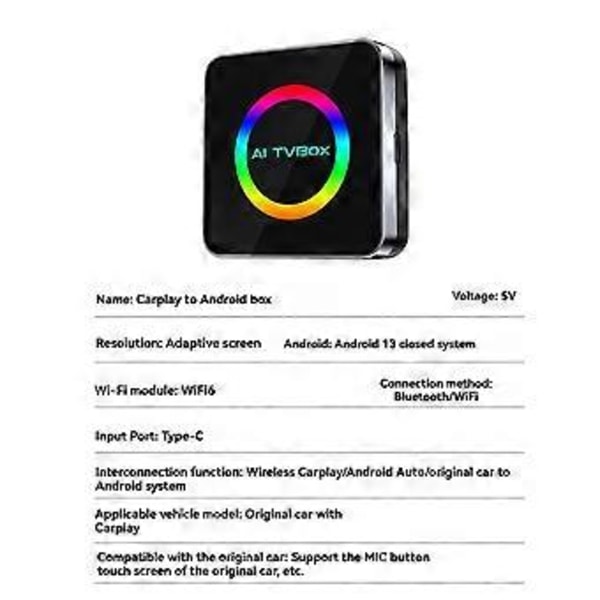 Android 13 Ai TVBox Ai Box Carplay WIFI6 2G+16G Trådløs Carplay/Android Auto Carplay til Android Ai Box 2G+16G