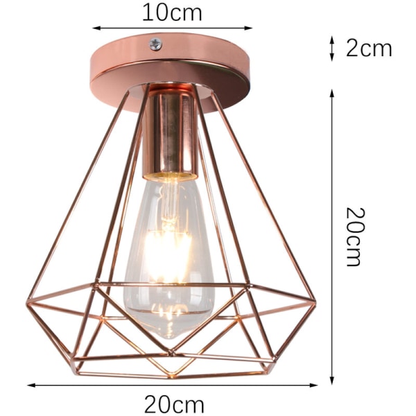Vintage taklampe i metall, geometrisk bur, taklampe i roségull, 2-pakning