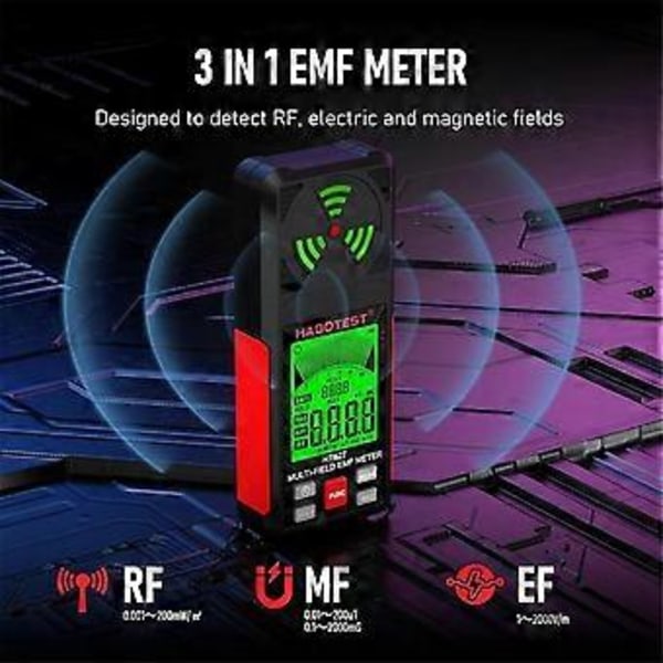 EMF-måler, 3 i 1 EMF-detektor Elektromagnetisk feltstrålingsdetektor til EF, MF, RF, WiFi-signal, EMF-læser til hjemmet