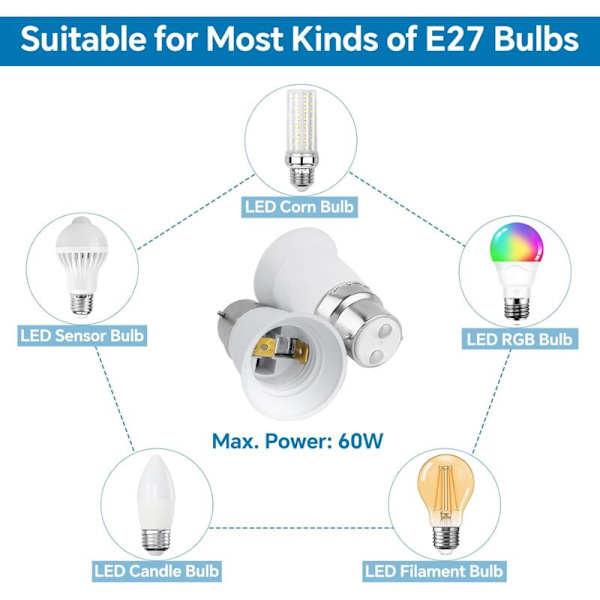 B22 till E27 sockeladapter, B22 till E27 bajonett sockelomvandlare för LED glödlampa halogen glödlampa sockel basadapter, 6 stycken