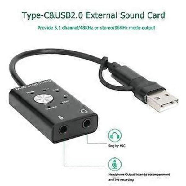 Monitoiminen äänikortti USB 2.0 Type C Stereo Mikrofoniadapteri Ammattimainen muunnin kannettavalle tietokoneelle Kuulokkeet PC-kaiutin
