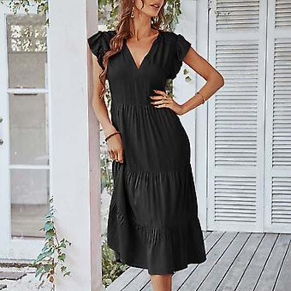 Elegant Sort Flæse Midikjole med Lag - V-Hals Flæseærme A-Linje Ensfarvet Sommermode, L