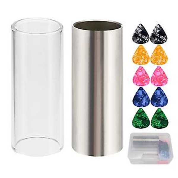 1 Glas Slide, 1 Stål Slide och 1 Guldgitarr Slide, 10 st Gitarrplektrum