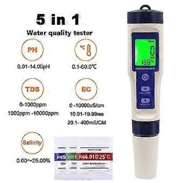 5-i-1 Digital Temperaturmätare TDS//pH/Salthalt Vattenkvalitetsmonitor Testare För Pooler, Dricksvatten