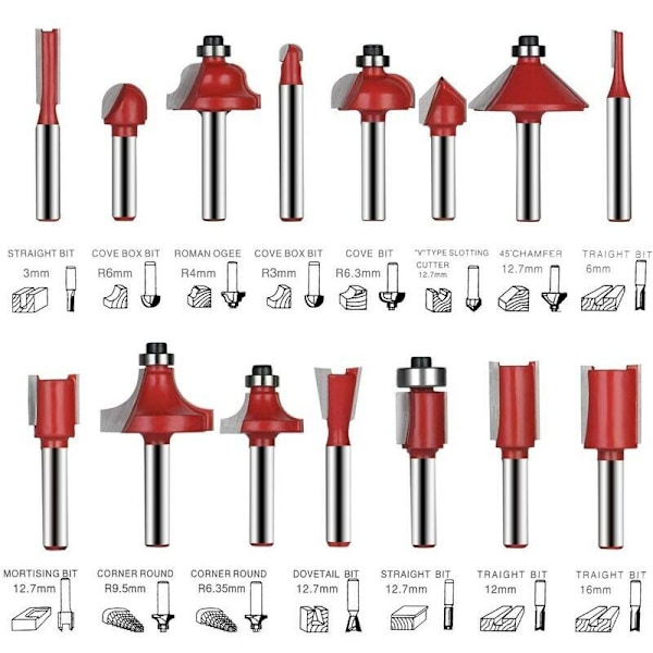 Sett med 15 freserbits 6,35 mm 1/4\" skaft, freserbits med wolframkarbidspiss for trebearbeiding, smidd stålborkrone