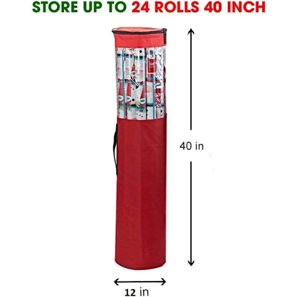 Oppbevaringspose for gavepapir, oppbevar opptil 24 ruller på 40 tommer, slitesterk polyester og klar PVC-pose med håndtak og glidelås på toppen for gaveinnpakning