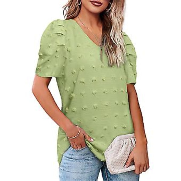 Sommar V-ringad Puffärm T-shirt Dam Lös Casual Schweizisk Prick Kortärmad Blustopp för Dejting Grön L