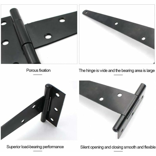 Pakke med 8 svarte T-hengsler 150 mm sammenleggbare galvaniserte T-formede dørhengsler med skruer for skap vinduer tregjerder skur (5 tommer)