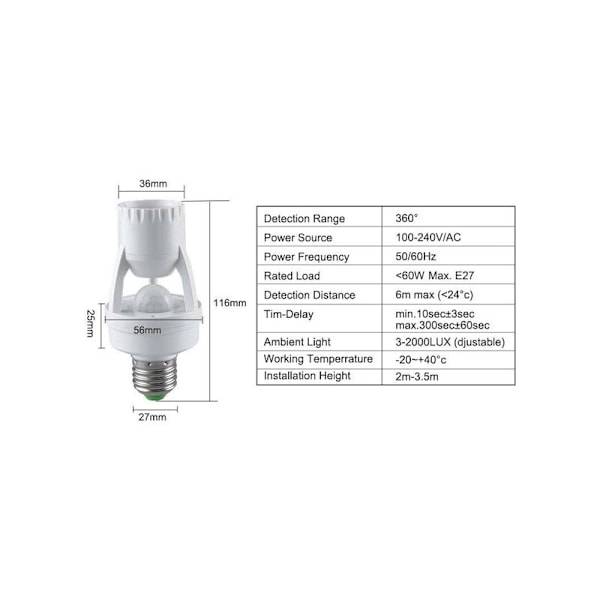 100 - 240V fatning E27 Konverter med PIR bevægelsessensor Ampere LED E27 Fatning intelligent Pærekontakt 1stk