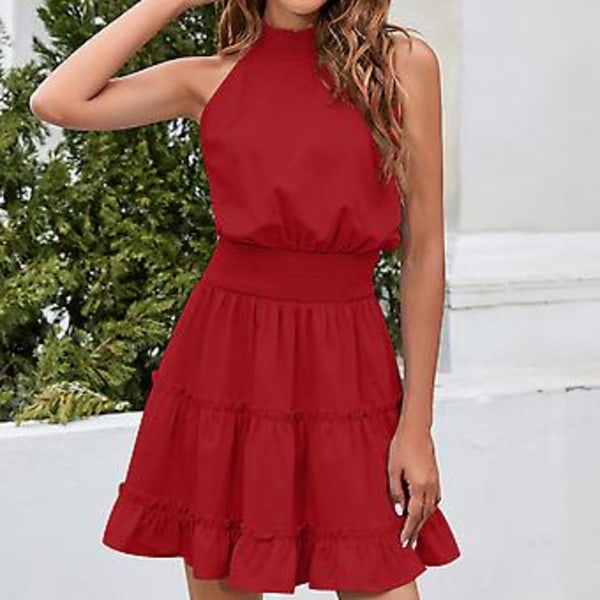 Vinrød Halter Neck Kort Kjole - Åndbar Ærmeløs Elastisk Talje Swing Afslappet Sommer Outfit, S