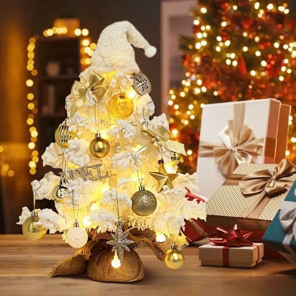 19,7 tum mini julgran, förbelyst bordsjulgran, snöflockad julgran med LED-lampor, hängande prydnader för hem Chri