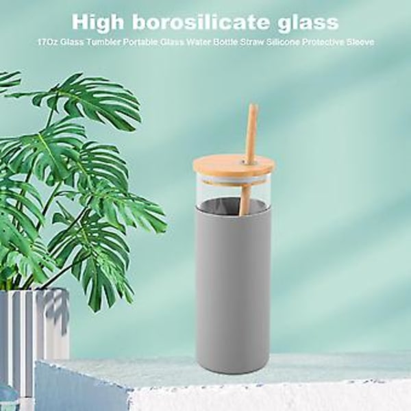 17oz Bärbar Glasflaska med Sugrör, Silikonskydd och Bambulock - Grå