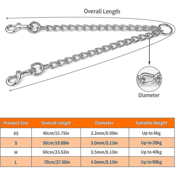 Heavy Duty 2-vejs hundekæde i metal, dobbelt kædekobling til kæledyr (l 4,0 mm 70 cm dobbelt snor, sølv)