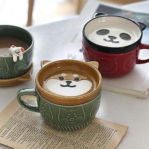 Japansk Sød Krus Kreativ Keramisk Shiba Inu Panda Kaffekop Med Låg Hjemme Par Mælk Morgenmad C