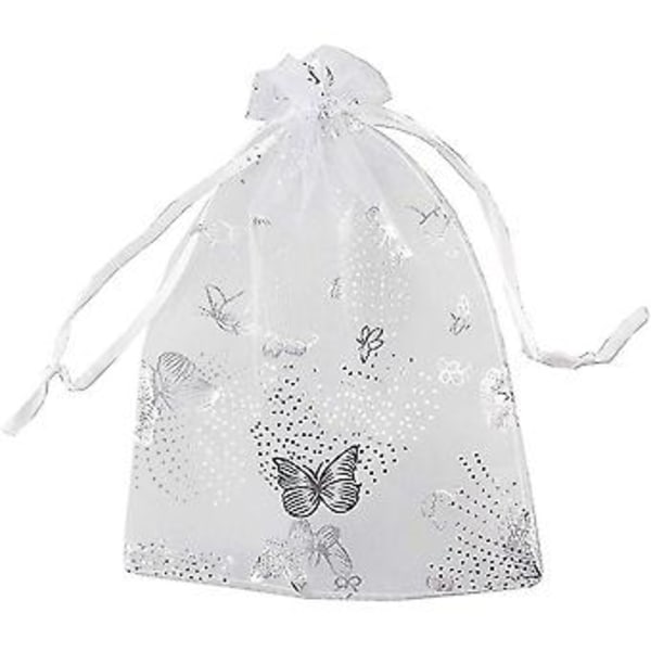 100 stk. 9x12cm Sommerfugl Organza Smykker Gavepose Slikpose Snøre Bryllupsgaveposer Hvid