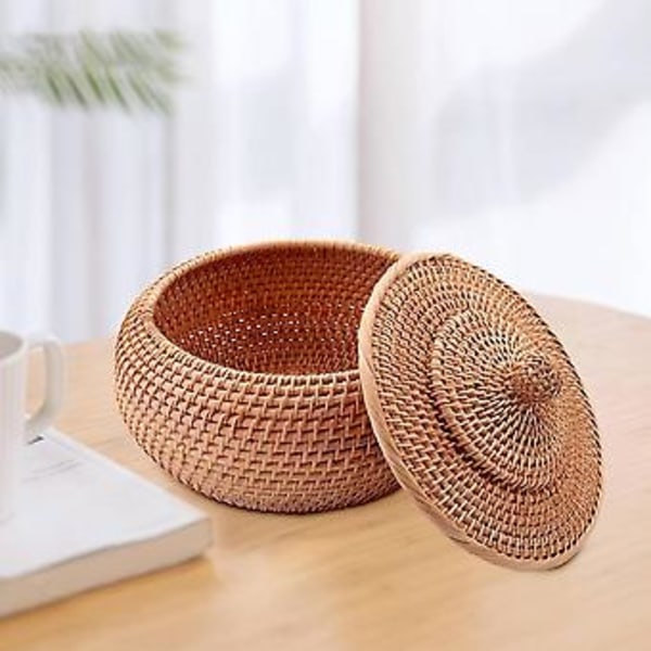 Rund Rattan Kasse, Frugtkurv i Flet med Låg Brødkurv Bakke Opbevaringskurv Pileflet Kurv F