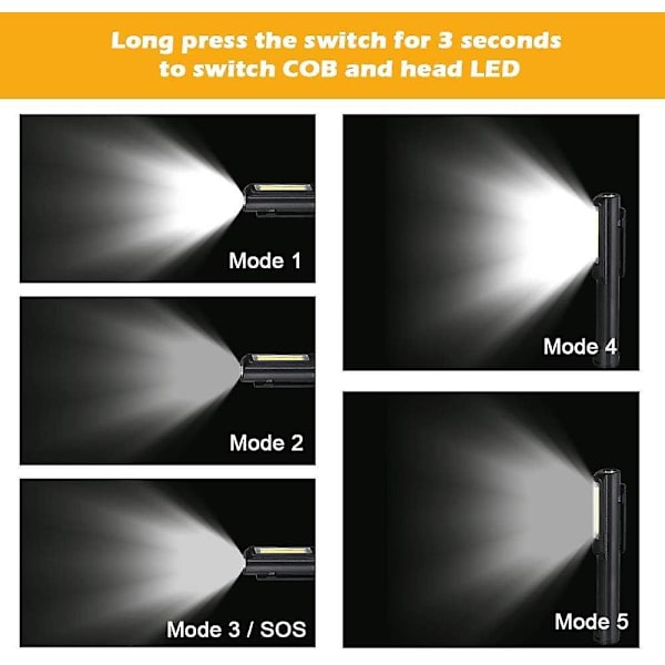 Led arbejdslys - 2 stk., USB genopladelig, Cob lommelygte, magnetisk klip, 350 lumen, 2-i-1 campinglampe