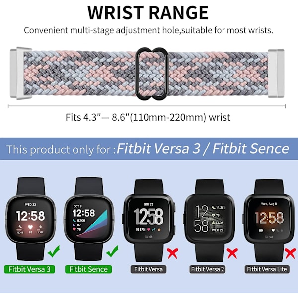 Flätat armband kompatibelt med Fitbit Versa 3/sense - Justerbart sportarmband ersättningsband för Versa 3/sense (kvinnor män)