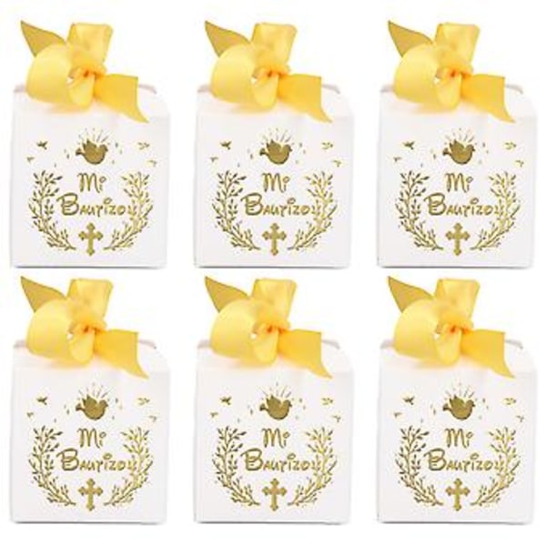 50 st Festpresentaskar Papper Mi Bautizo Mönster Utrustad Guld Ribbon Vita Bröllopspresentaskar för Fest