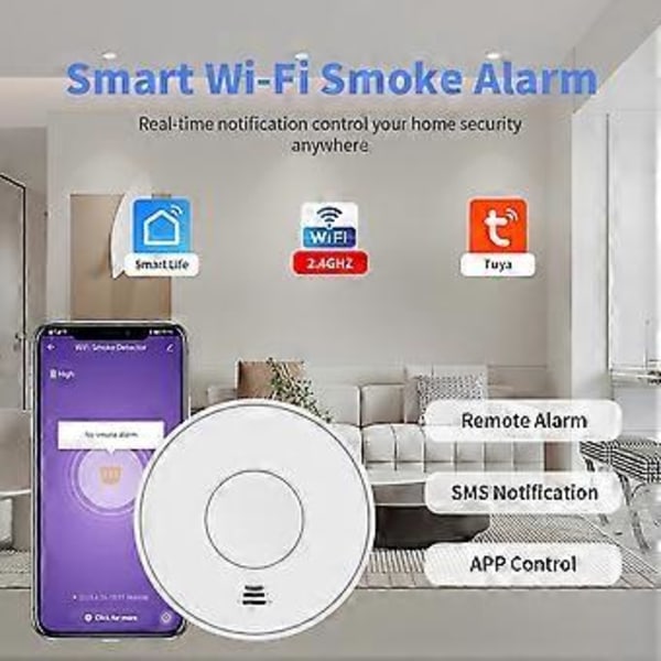 10-års Batteri WiFi Smart Brandvarnare med Tuya & SmartLife Rökdetektor för Hemmet Uppfyller EN14604