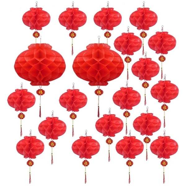 20 kappaletta sarja punainen hunajakenno lyhty hahmo tupsu vedenpitävä paperi lyhtyjuhla koriste 27 cm, 42 cm