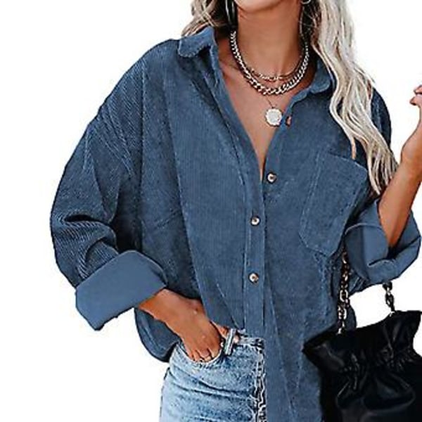 Fløjls Corduroy Skjorte med Knapper Lange Ærmer Revers Fløjlsjakke Løs Afslappet Oversized Bluser Jakke til Forår Efterår Blå S