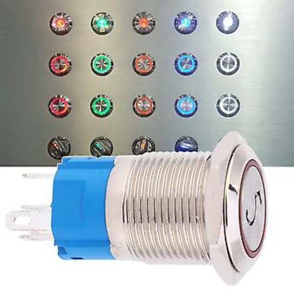 2 kpl 16 mm painonappikytkin ruostumattomasta teräksestä, litteä pää valolla ja numerolla 5 -merkki IP65 Punainen 3-6 VDC