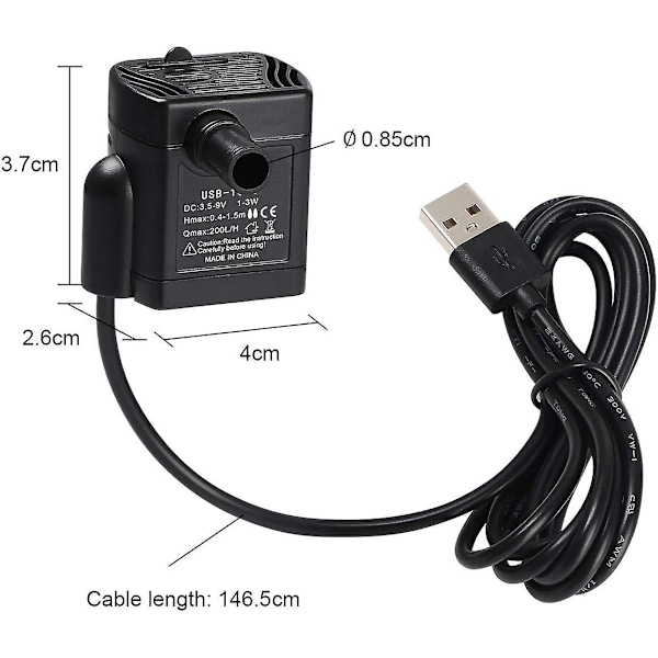 Nedsenkbar vannpumpe, akvariepumpe justerbar 200l/h 3w ultra-stille Catit USB-pumpe for Tang fisketank fontene fiskedam