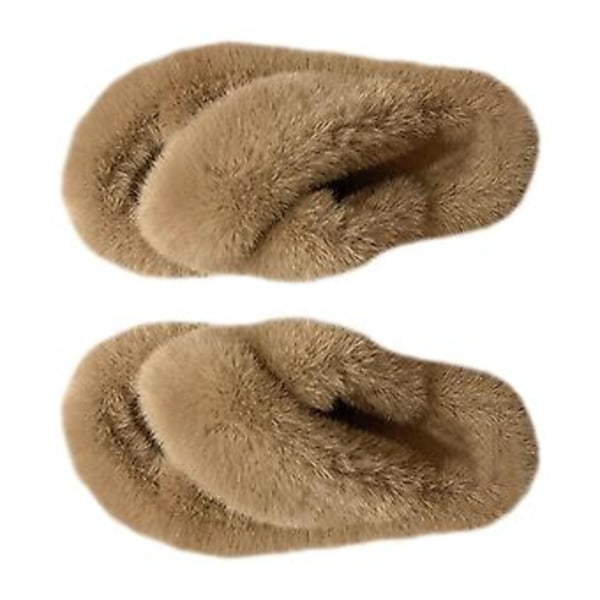 Dame Fuzzy Tøfler Åpen Tå Kryssbånd Stil Varme Myke Kunstig Ull Dame Hjemmesko for Soverom Hjem Khaki 38 EU Størrelse