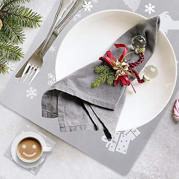 Julbordsunderlägg Tvättbart Bordstablett Set Om 6 Underlägg & 6 Glasunderlägg, Älg, Julgran, Sno