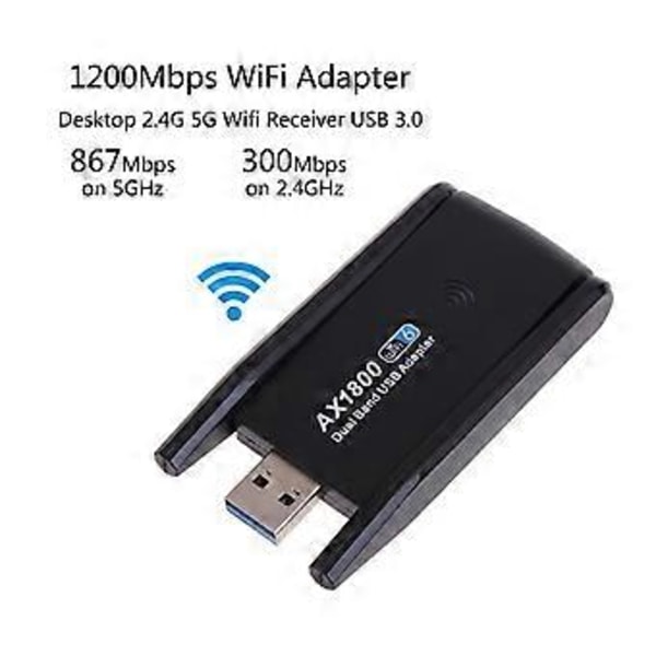 1800M USB WIFI 6 -sovitin, kaksoisantenni, verkkokortti AX1800, kaksitaajuuksinen 2.4/5 GHz WiFi-sovitin WIFI6 PC-tietokoneille, kannettaville ja tableteille