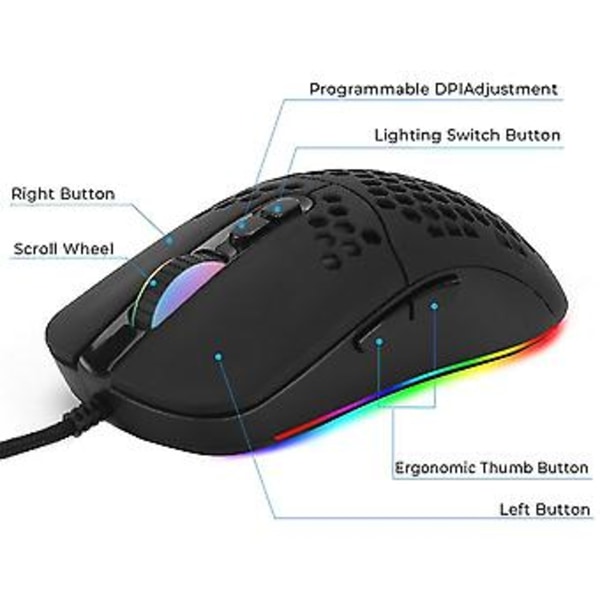 Honeycomb Shell Trådbunden Mekanisk Gamingmus USB Ljusstark Mus 7200dpi Justerbar Optisk Ga