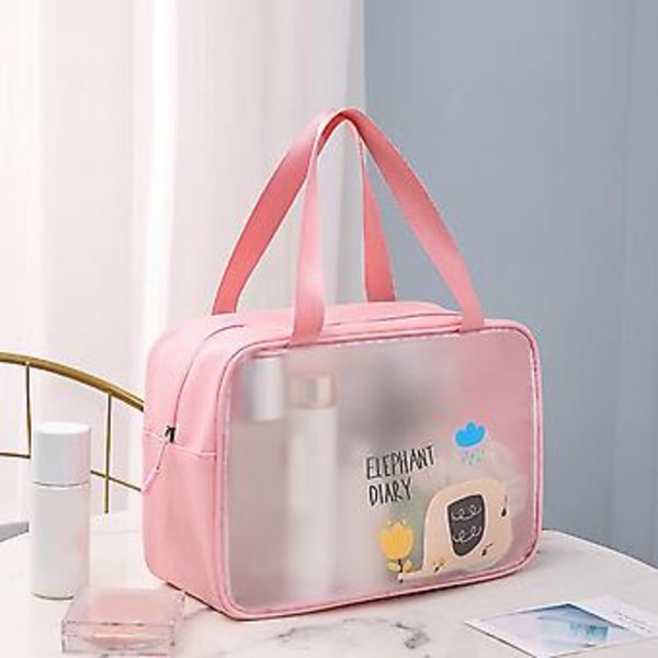 Kosmetikväska PU PVC Transparent Tecknat Mönster Handhållen Vattentät L Storlek Sminkväska för Simning Toalettartiklar Rosa
