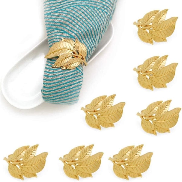 Guld servettringar set om 8, antik guldlegering höstlöv metall servettring för Thanksgiving, jul, middagsbordsdekoration