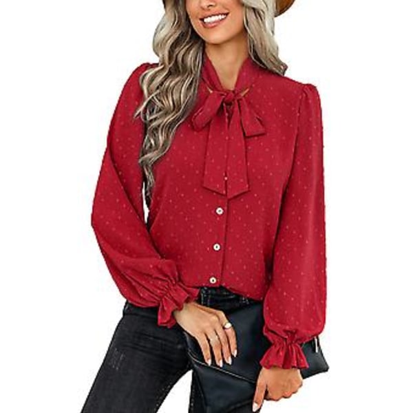 Blus Puff Lång Ärm Elastisk Manschett Rosett Enkelknäppt Eleganta Vardagstoppar för Kvinnor Röd S