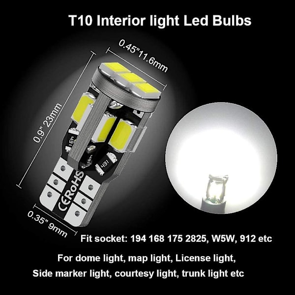 T10 194 Glödlampor. 168 Led. 12v Ljus 6500k 11smd 5630 Chipset 2825 W5w Led Invändiga Glödlampor