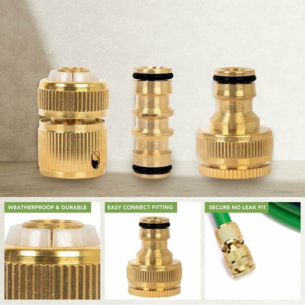 6 pak messing haveslangekoblinger - Anti-rust slangefittings og koblinger med 2 dobbelte han-koblinger, 2 1/2 slangeender, 2 1/2 hane-koblinger