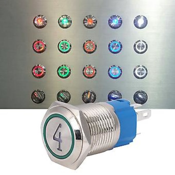2 st 5-stifts metall tryckknappsbrytare 16mm platt huvud självåterställande brytare med ljus, 24VDC grön, Nummer 4, hållbar & vattentät