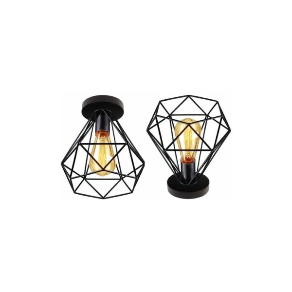 2 stk. loftslampe i diamantdesign i metaljern 20 cm, loftslampeskærmer retro industriel lysarmatur E27 Edison, sort