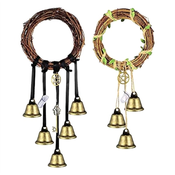 2 delar Witch Bells Protector för dörrknoppshängare, handgjorda Wiccan Wind Chimes, Wicca Bells Wreath, Witch Decor