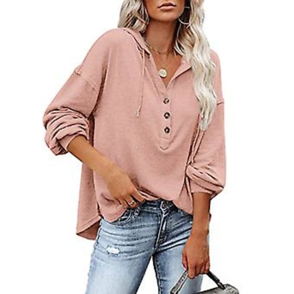 Bluse Langermet V-hals Knapp Ensfarget Casual Moderne Hettegensere for Kvinner Rosa S