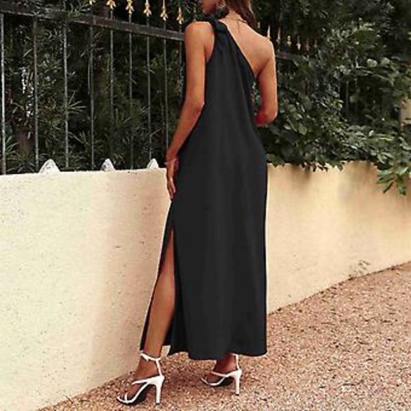 Dame Bow Tie One Shoulder Kjole Elegant Moderigtig Løs Casual Ærmeløs Slids Kjole til Fest Sort L